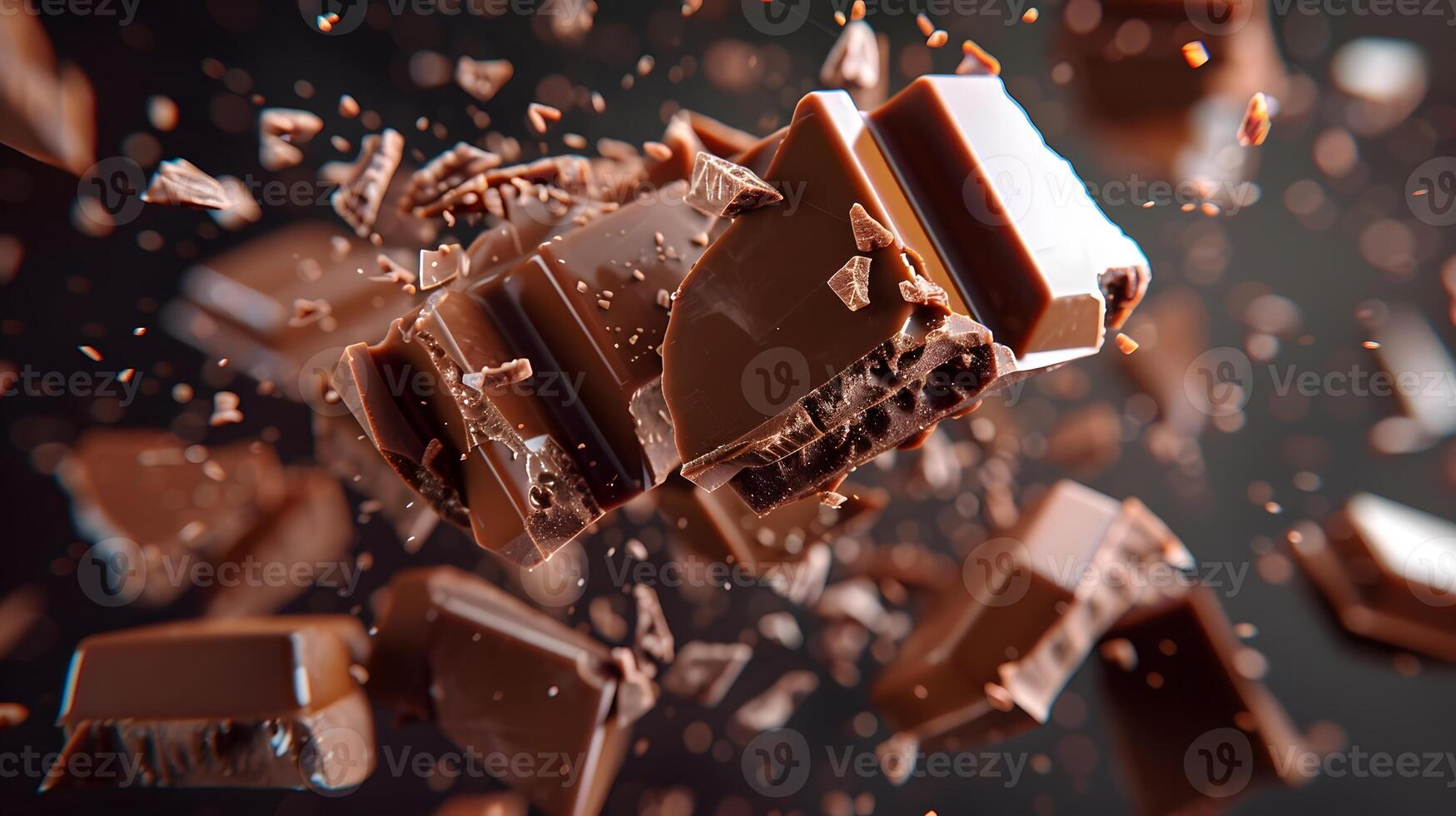 AI generated Sweet dark chocolate bar broken into pieces. AI Generated photo