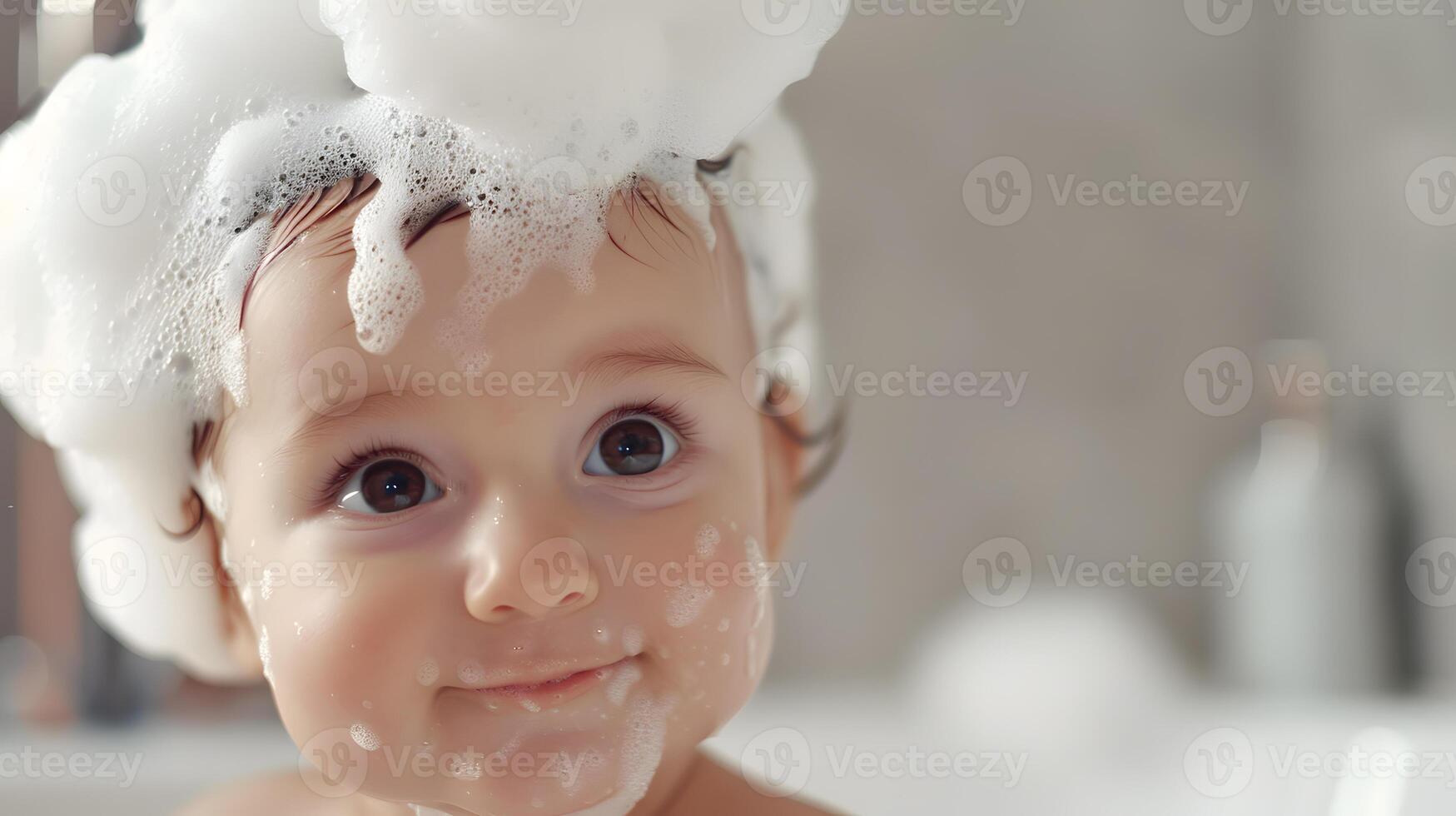 AI generated A cute little child with little foam on his head. AI Generated photo