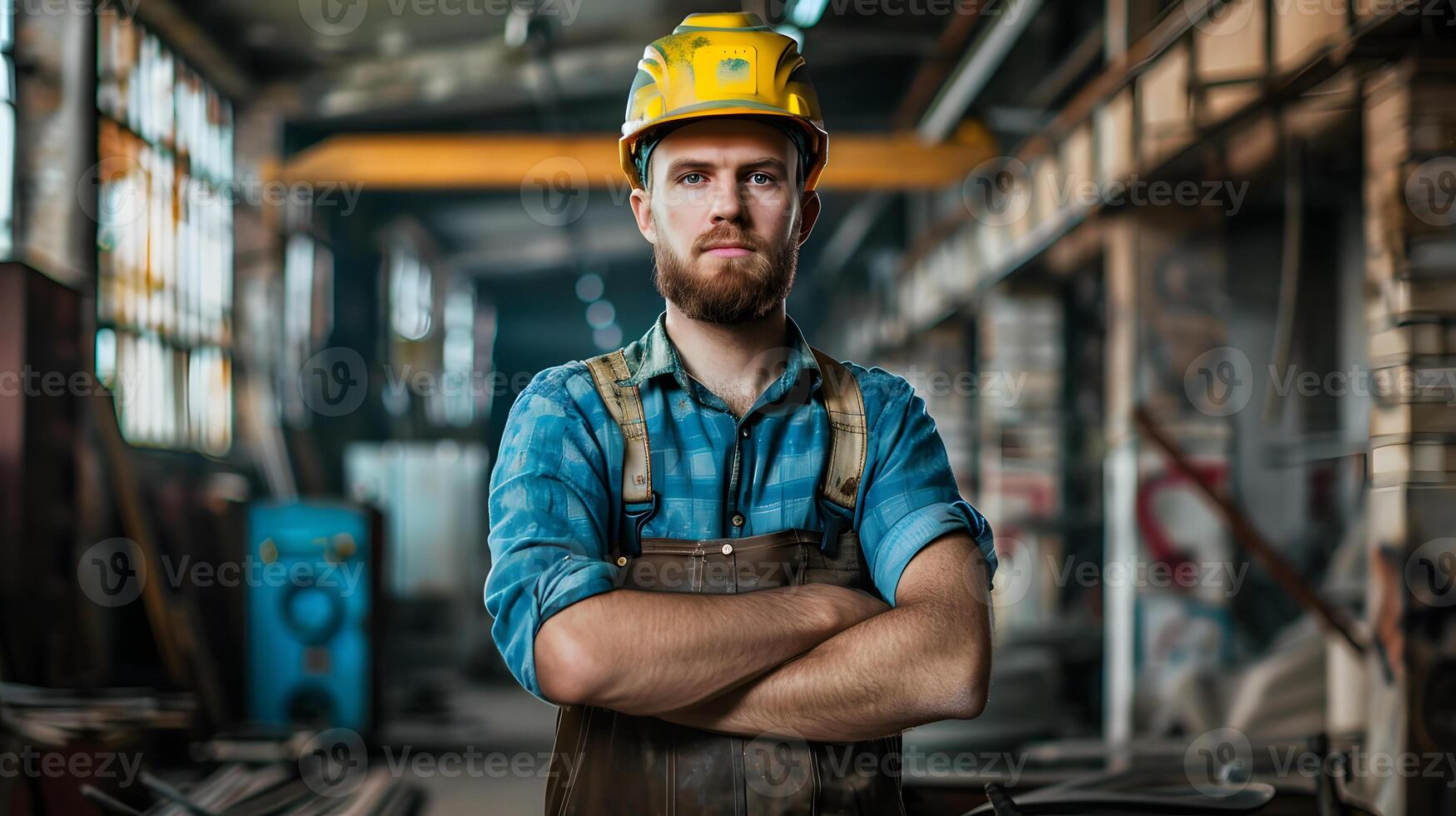 AI generated Portrait of a working man in a uniform and a hard hat. AI Generated photo