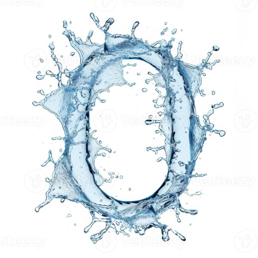 AI Generated Blue water splash isolated on white background. Blue alphabet isolated on white. Number zero. Letter O. photo