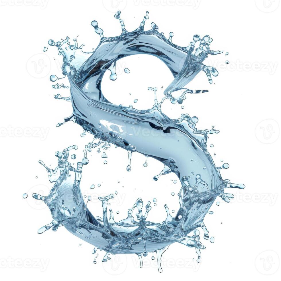 AI generated Latin letter S, texture of water, ice and splashes on white background. photo