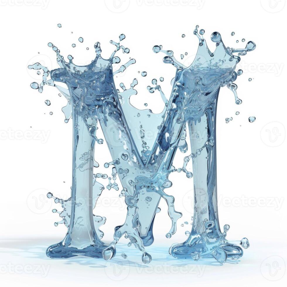 AI generated Alphabet, letter M. Splash of water takes the shape of the letter M, representing the concept of Fluid Typography. photo