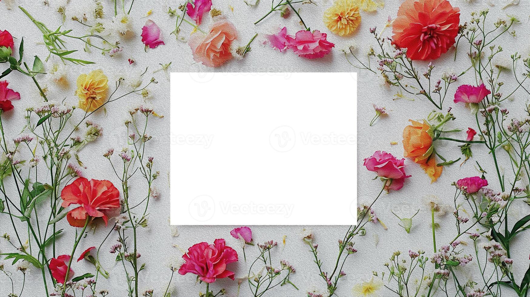 ai generado floral marco de salvaje y decorativo flores con tarjeta postal modelo para texto. flor arreglo en un blanco antecedentes y blanco papel. foto