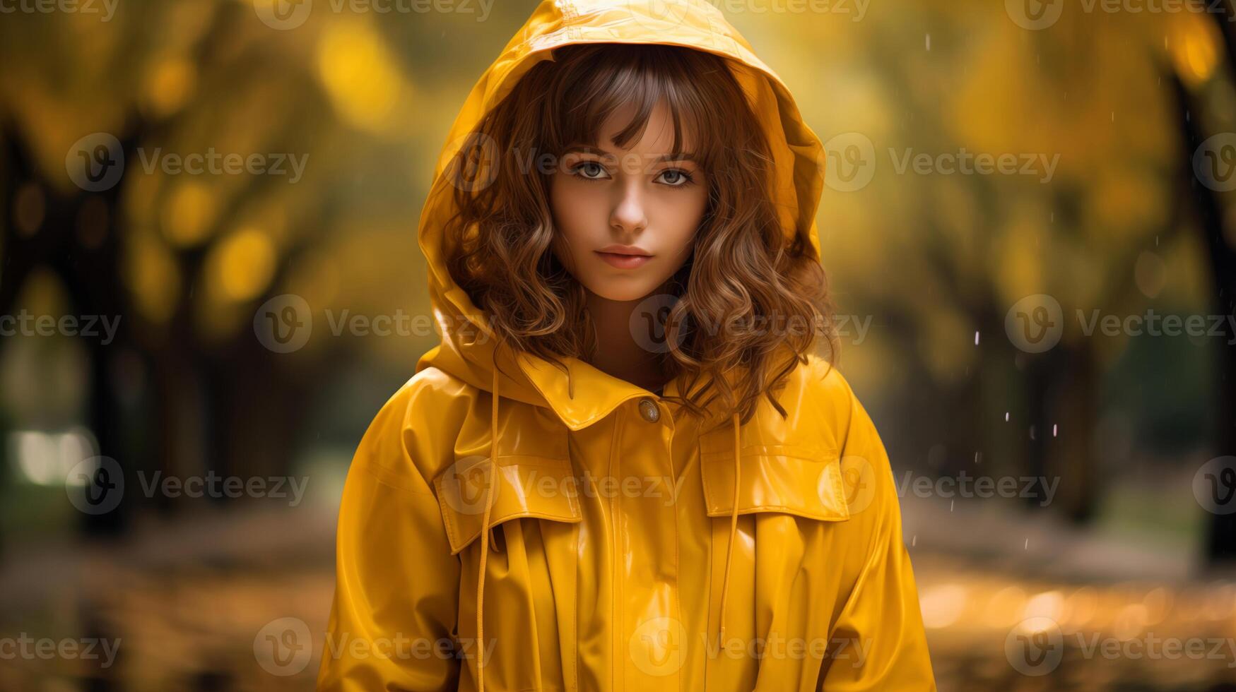 AI generated Portrait of a beautiful young female student in a yellow raincoat. A girl in a yellow raincoat in the rain on an autumn day. photo