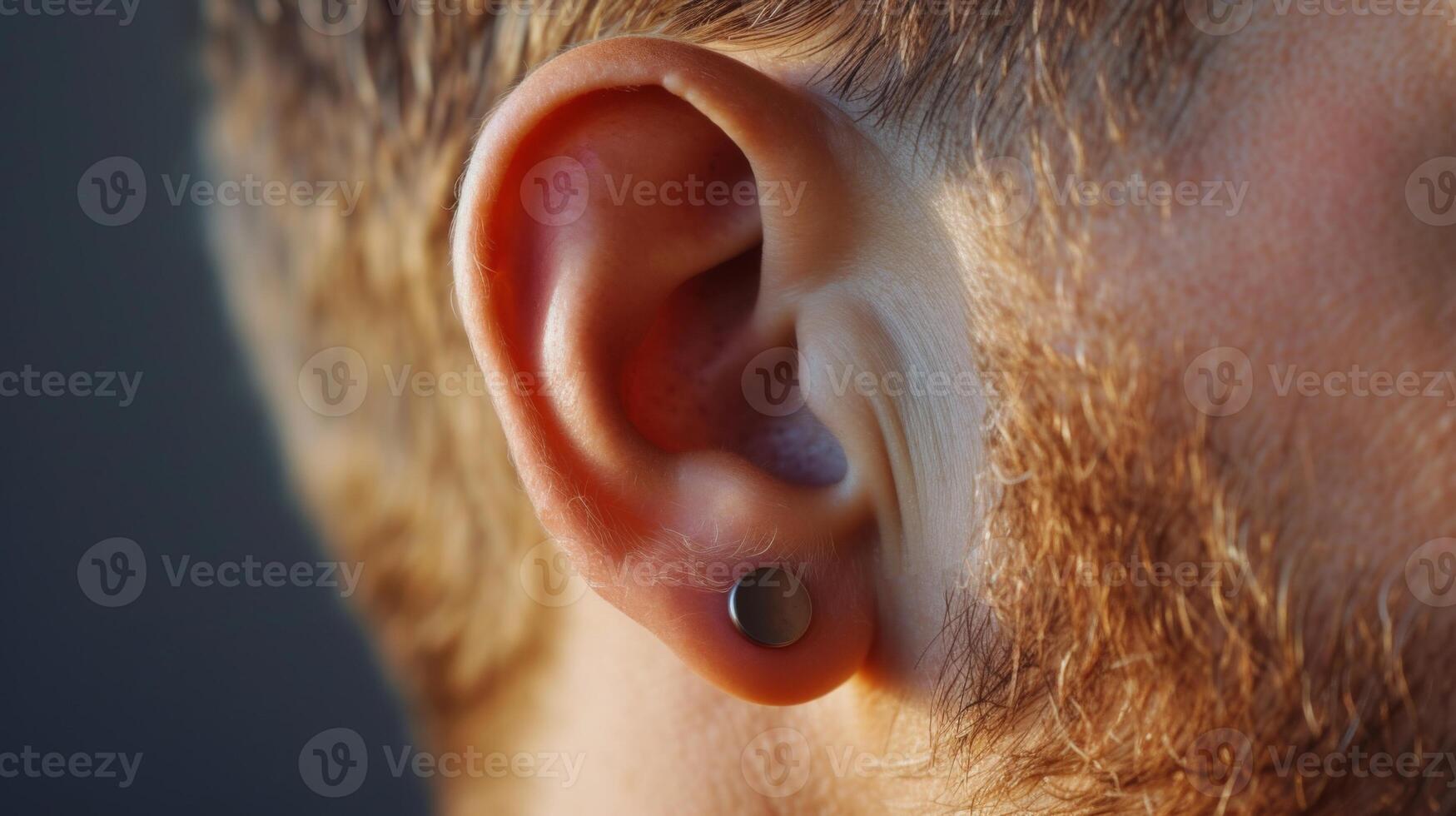 AI generated Close-up of mans ear with black stud earring, showcasing modern fashion trends photo