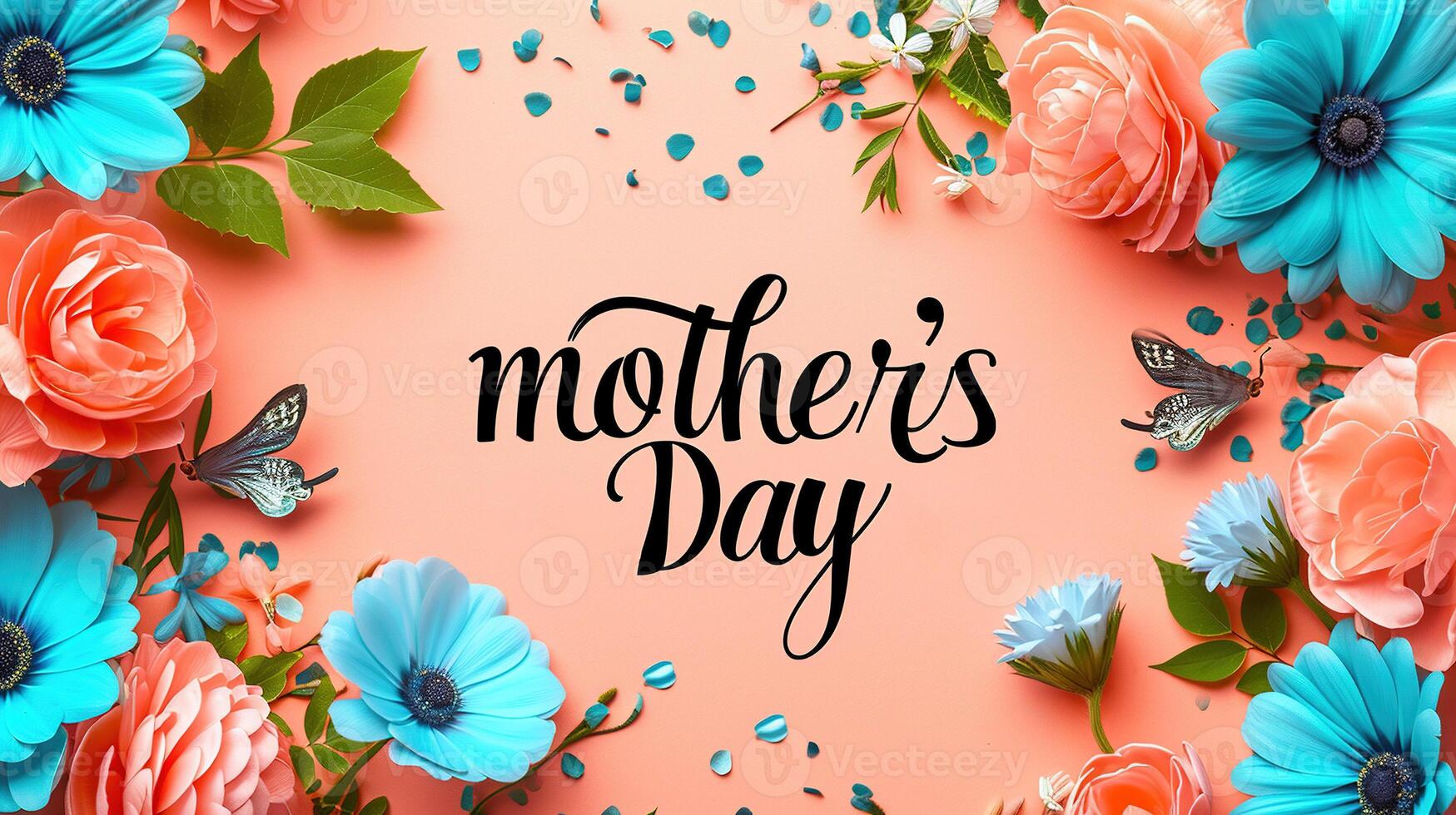 AI generated Mother's Day background with bright flowers and butterflies. Spring banner on a peach background with the text Mother's Day. photo