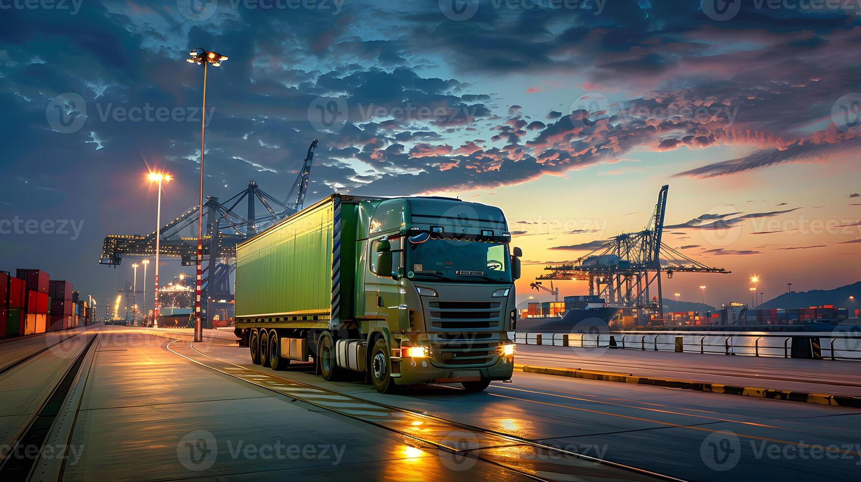 ai generado camión remolque en el muelle en el carga Puerto terminal con grúas y contenedores ai generado foto