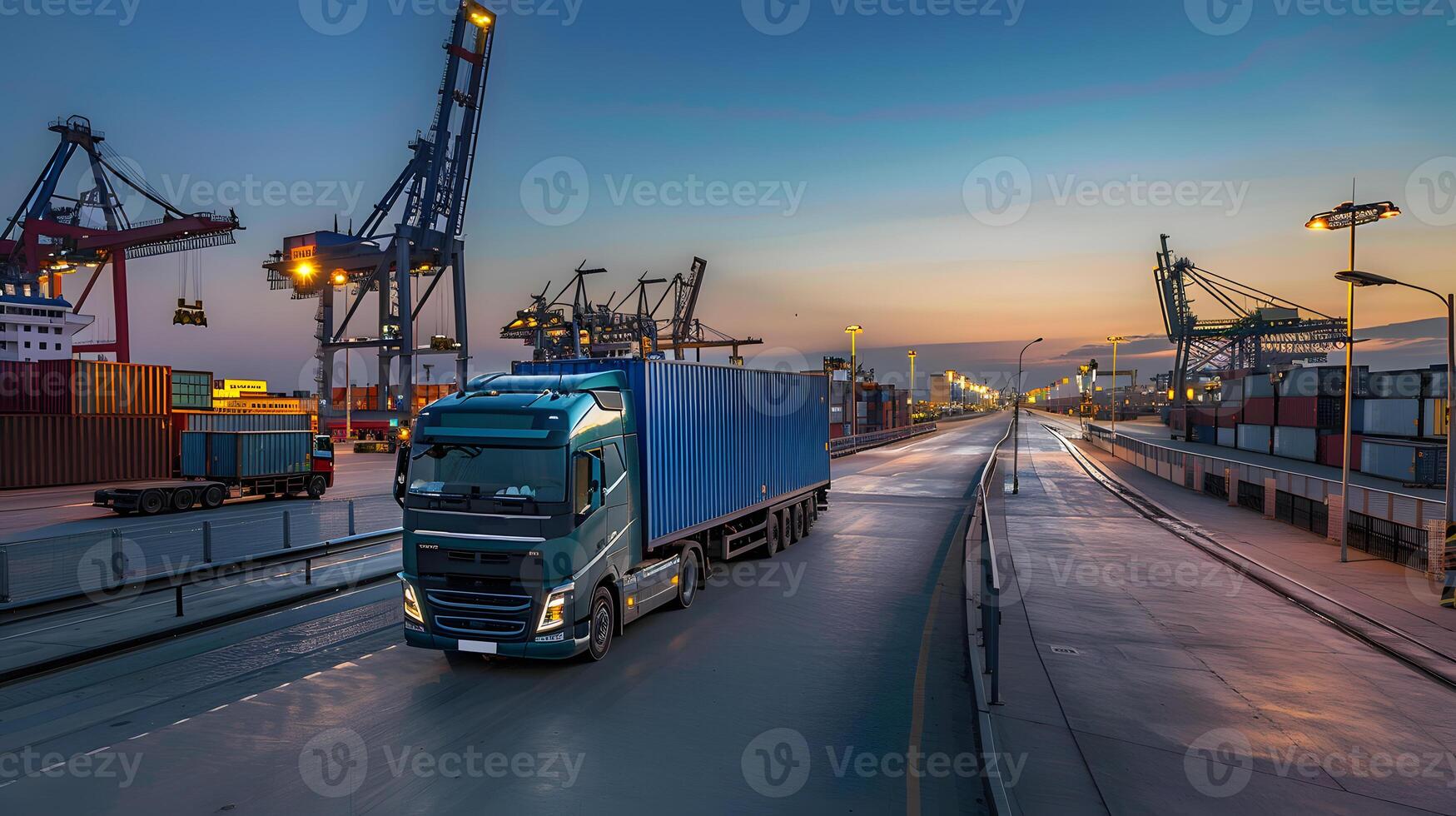 AI generated Truck trailer on the pier in the cargo port terminal with cranes and containers. AI Generated photo