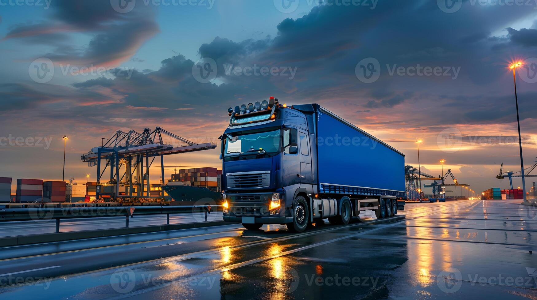 AI generated Truck trailer on the pier in the cargo port terminal with cranes and containers. AI Generated photo