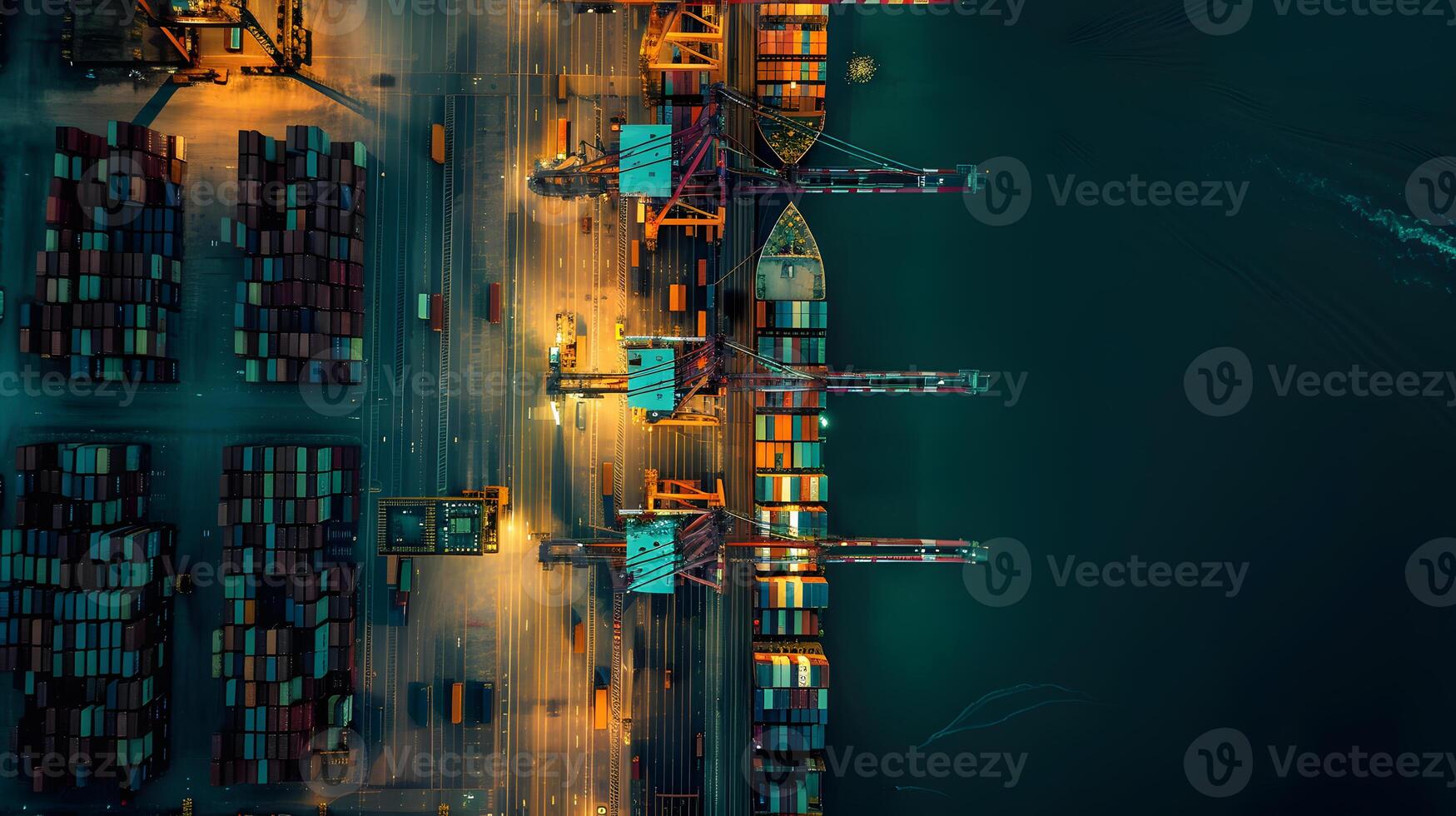 AI generated A ship for transporting cargo containers and also unloading it at the docks of a cargo port. AI Generated photo