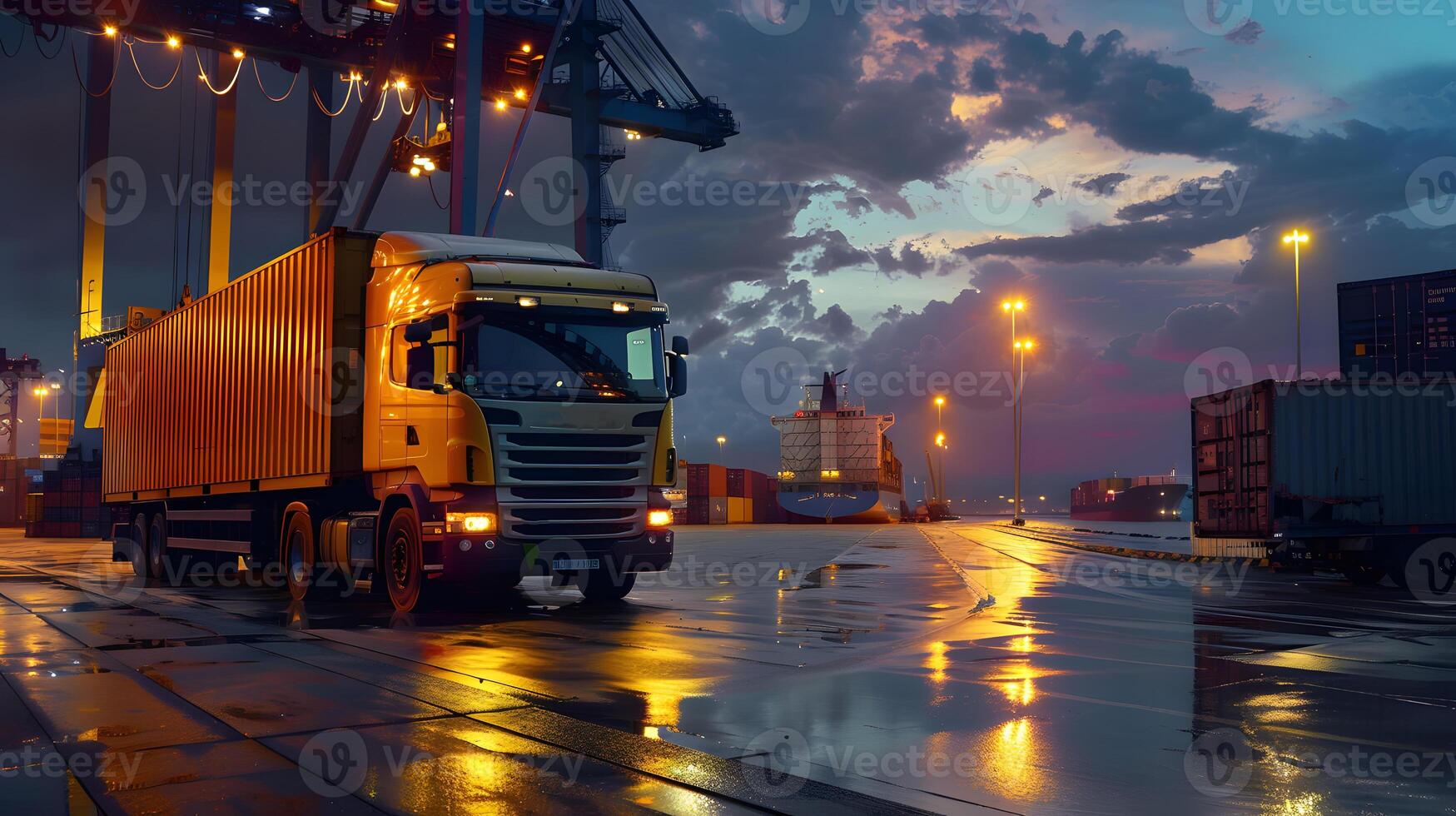 AI generated Truck trailer on the pier in the cargo port terminal with cranes and containers. AI Generated photo