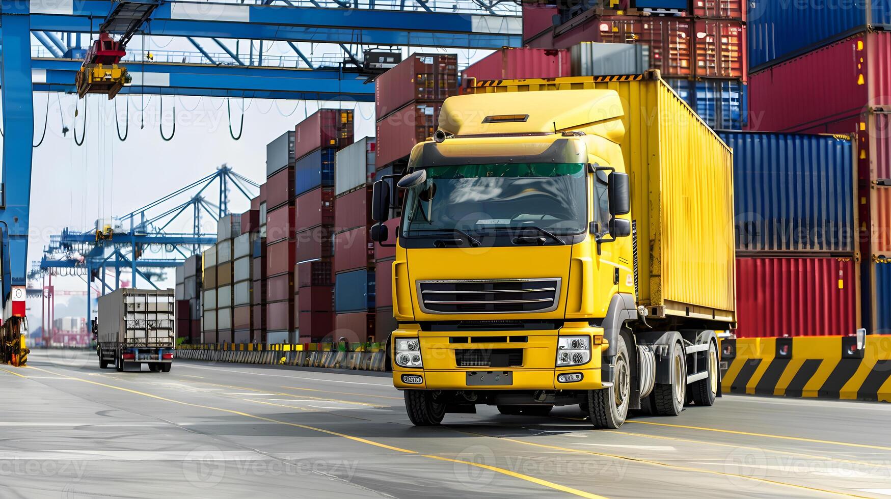 ai generado camión remolque en el muelle en el carga Puerto terminal con grúas y contenedores ai generado foto