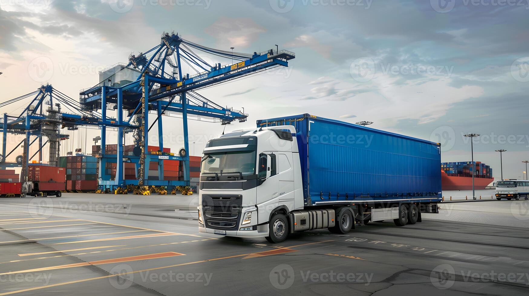 AI generated Truck trailer on the pier in the cargo port terminal with cranes and containers. AI Generated photo