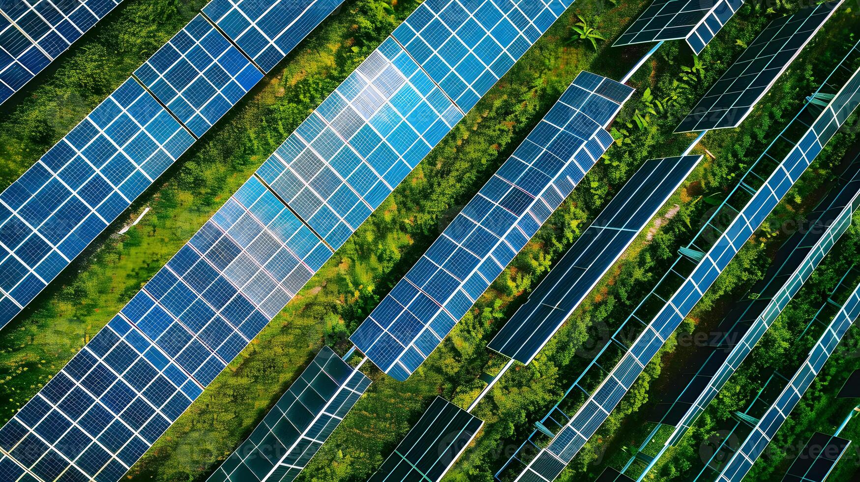 AI generated Fields of solar panels and systems to produce green electricity. AI Generated photo