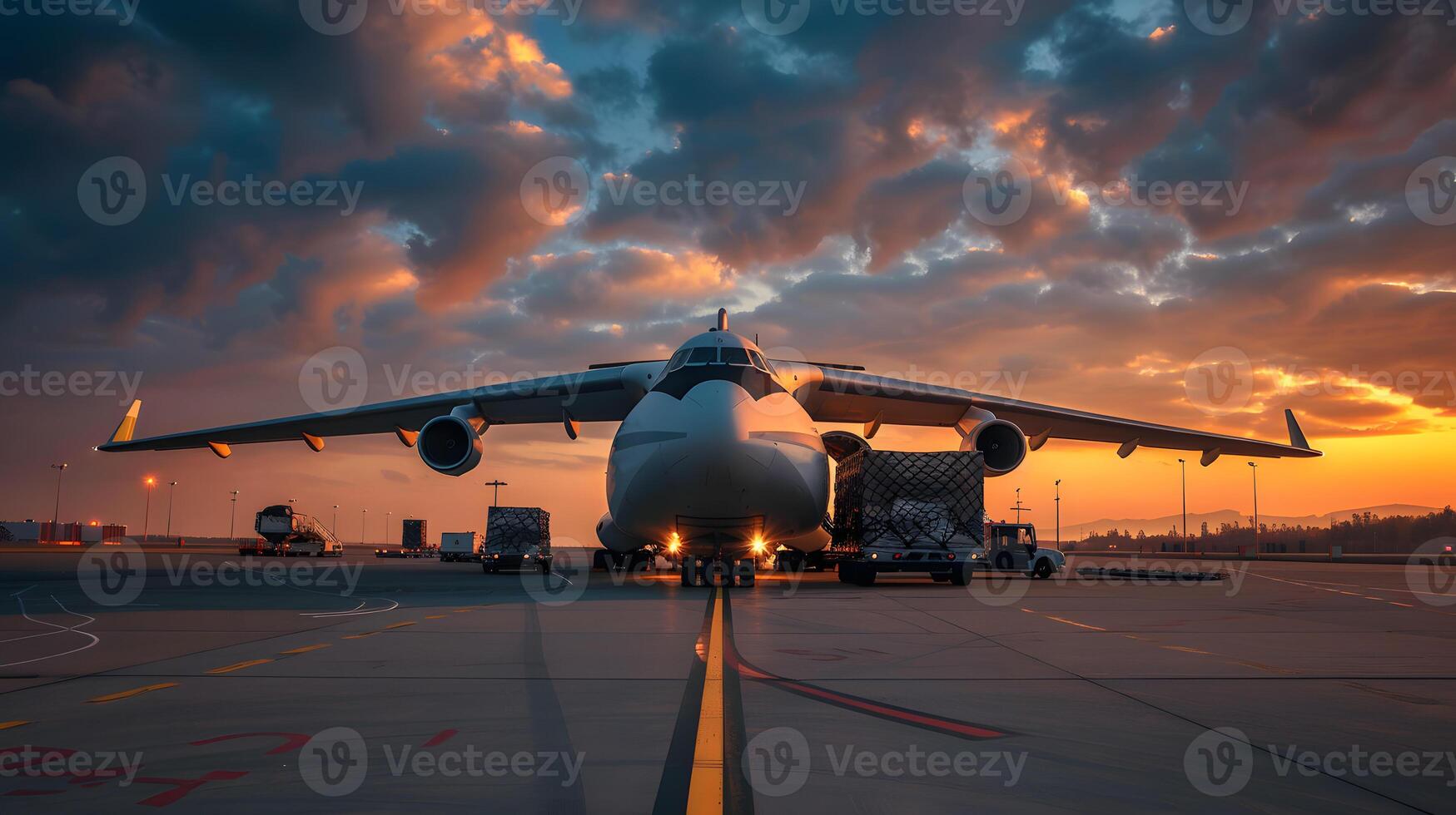 AI generated A cargo plane at the airport docks loads or unloads cargo. AI Generated photo