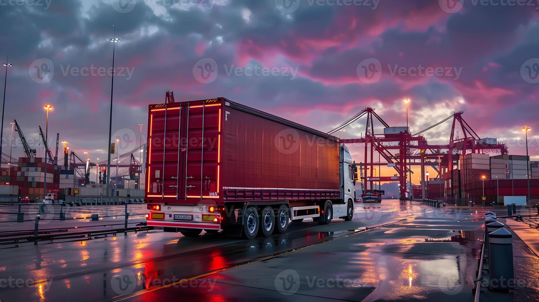 AI generated Truck trailer on the pier in the cargo port terminal with cranes and containers. AI Generated photo