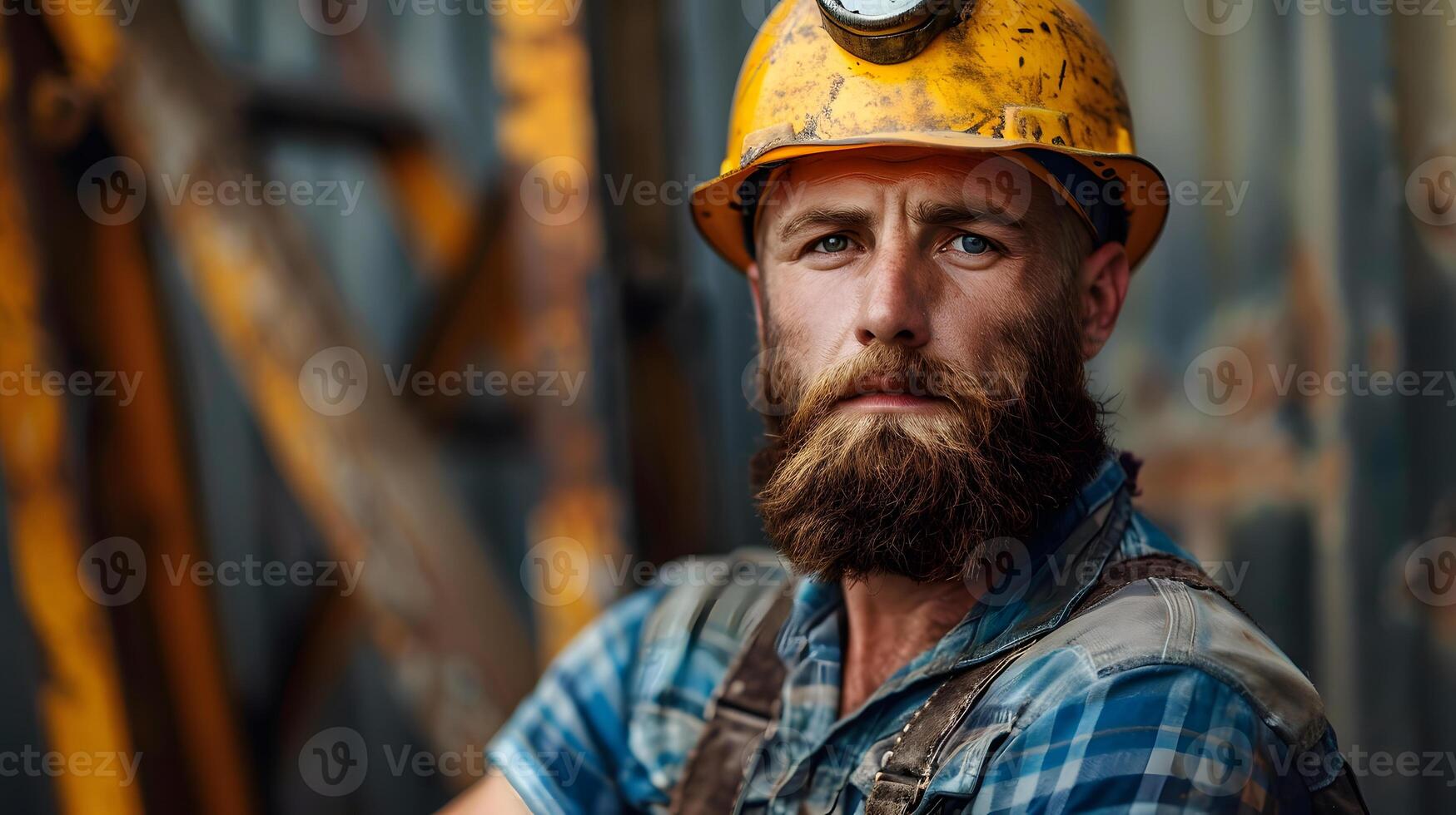 AI generated Portrait of a working man in a uniform and a hard hat. AI Generated photo