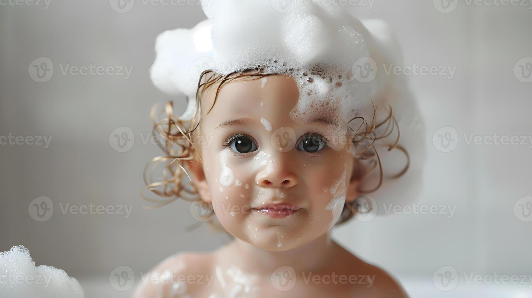 ai generado un linda pequeño niño con pequeño espuma en su cabeza. ai generado foto