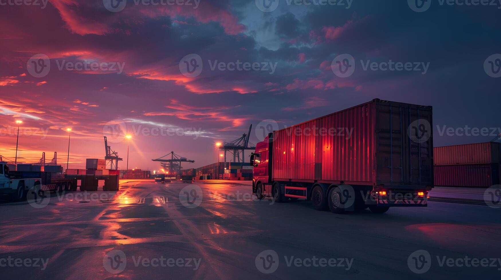 ai generado camión remolque en el muelle en el carga Puerto terminal con grúas y contenedores ai generado foto