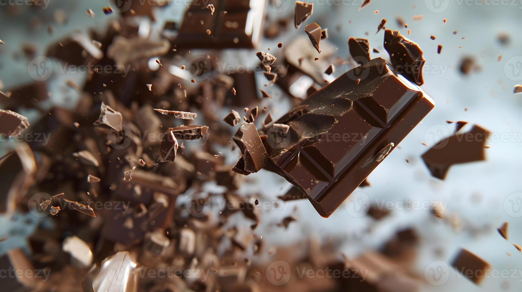AI generated Sweet dark chocolate bar broken into pieces. AI Generated photo