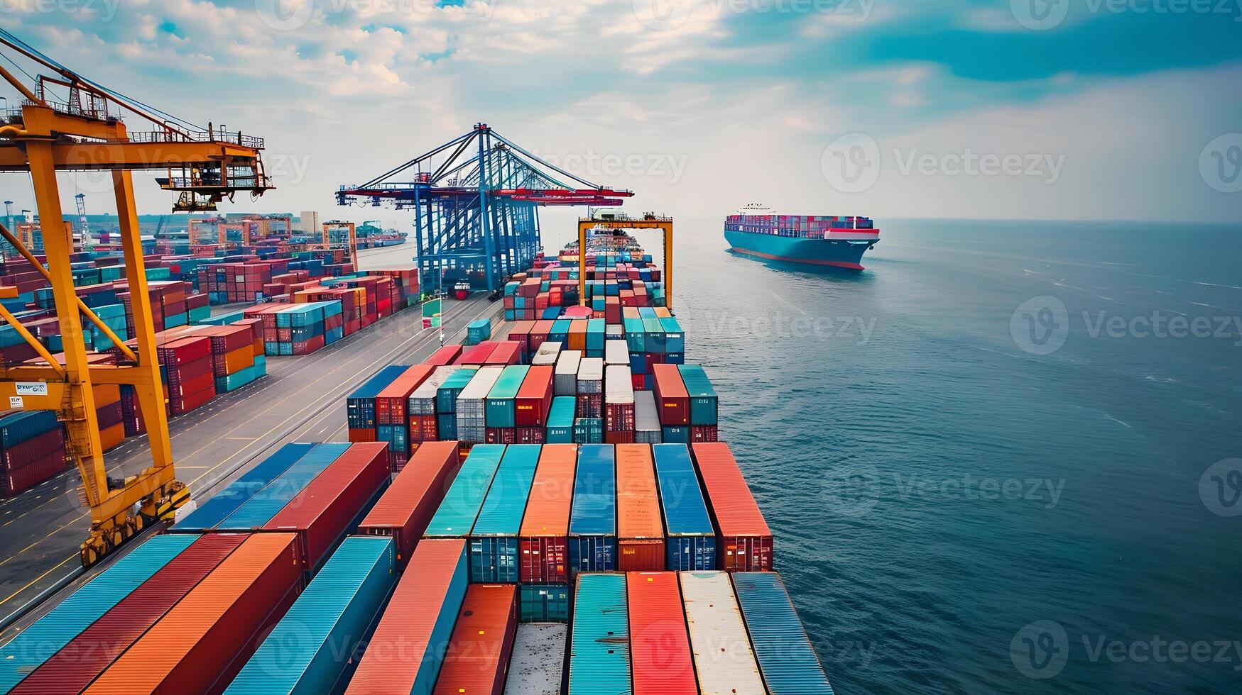 AI generated A ship for transporting cargo containers and also unloading it at the docks of a cargo port. AI Generated photo