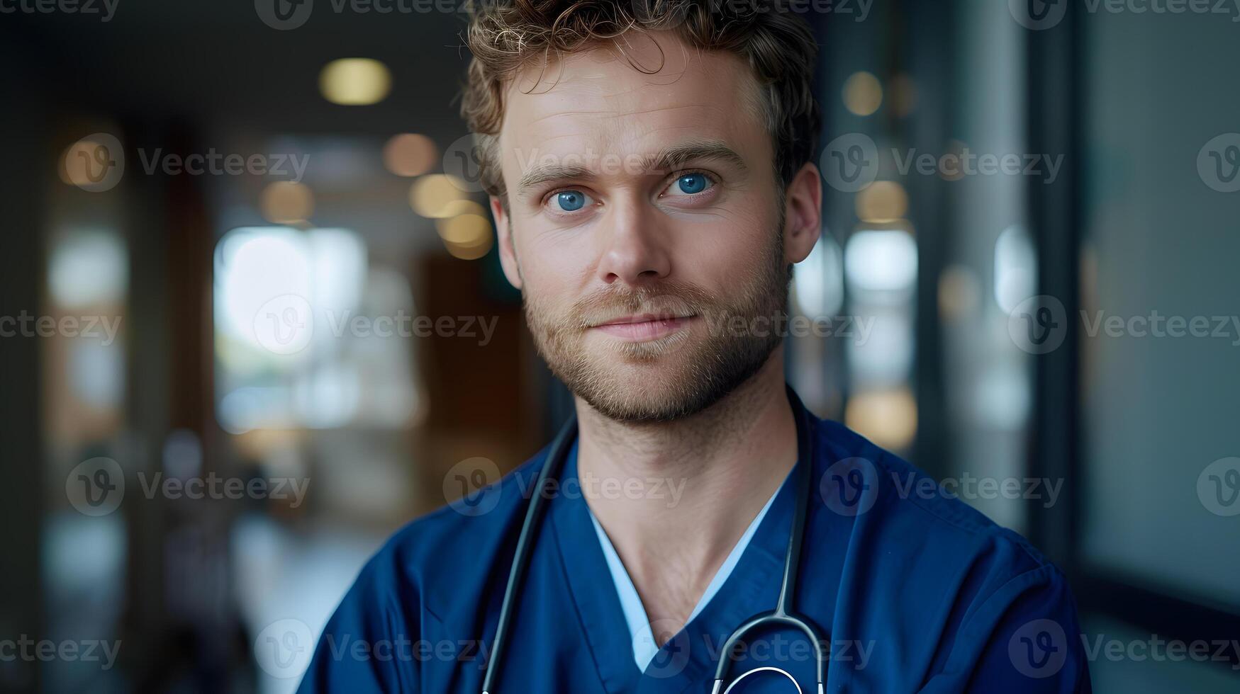 AI generated Portrait of a male medical worker with a stethoscope. AI Generated photo