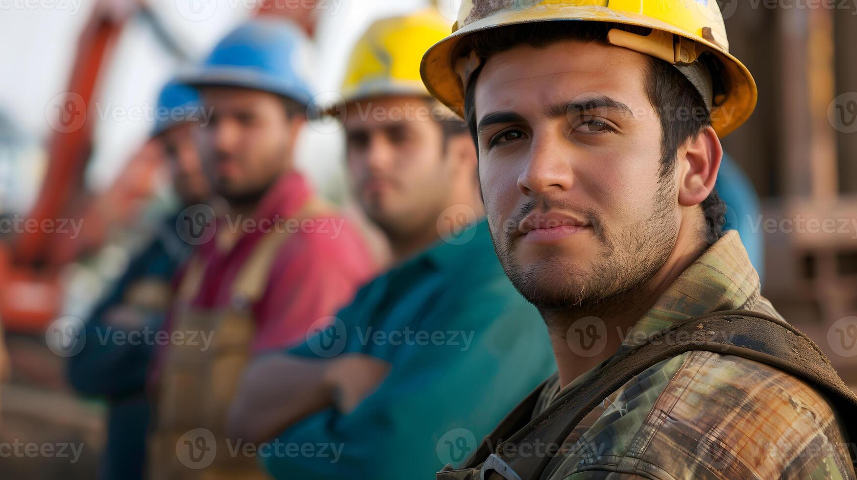 AI generated Portrait of a working man in a uniform and a hard hat. AI Generated photo