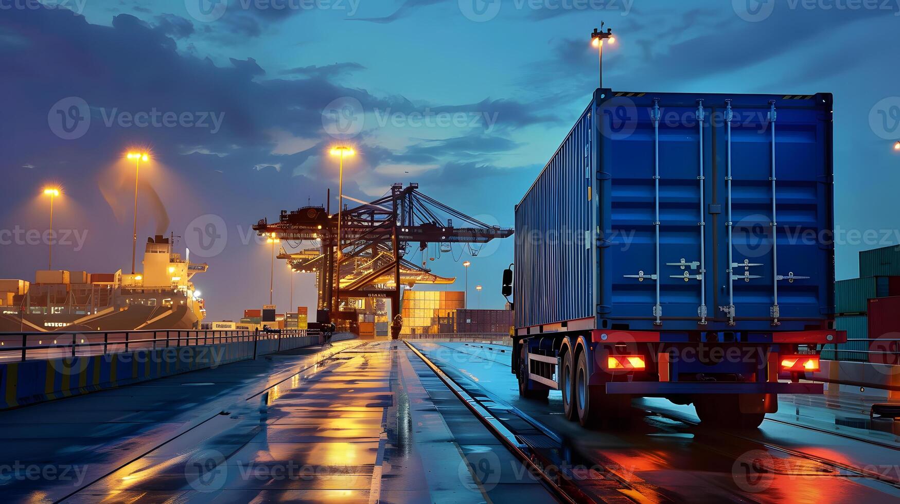 AI generated Truck trailer on the pier in the cargo port terminal with cranes and containers. AI Generated photo