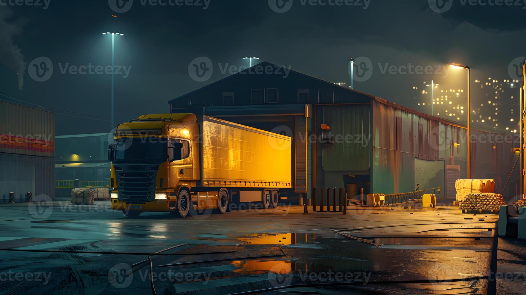 AI generated Truck trailer on the pier in the cargo port terminal with cranes and containers. AI Generated photo