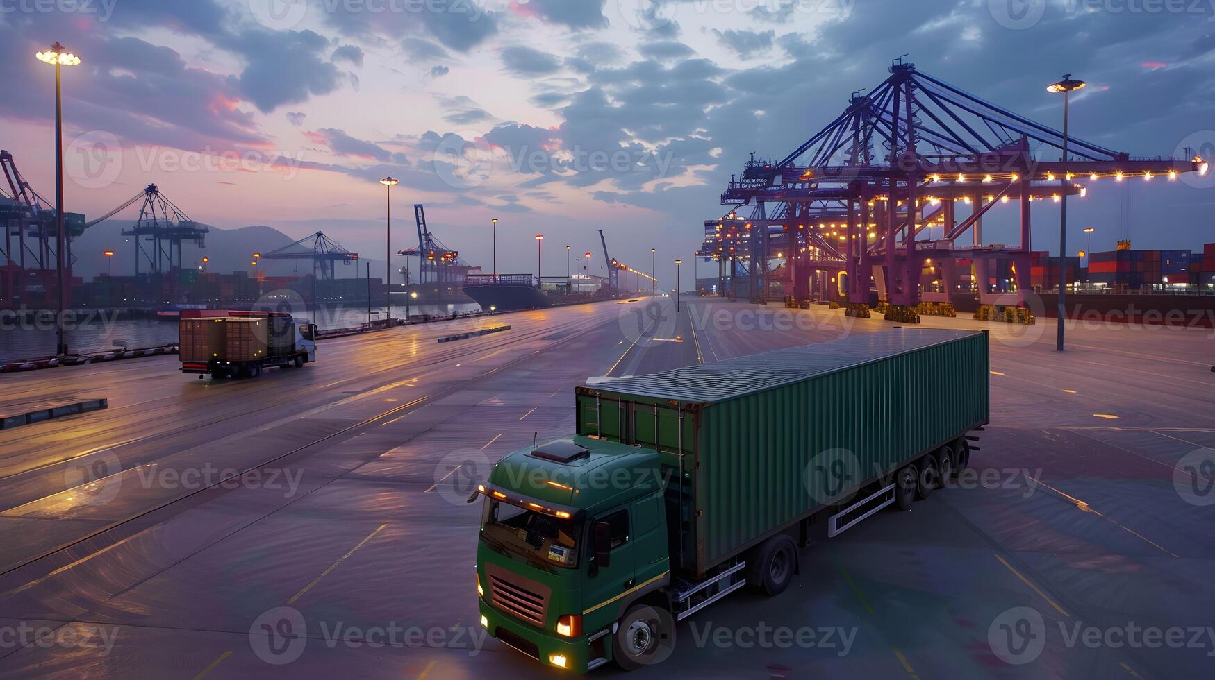 AI generated Truck trailer on the pier in the cargo port terminal with cranes and containers. AI Generated photo