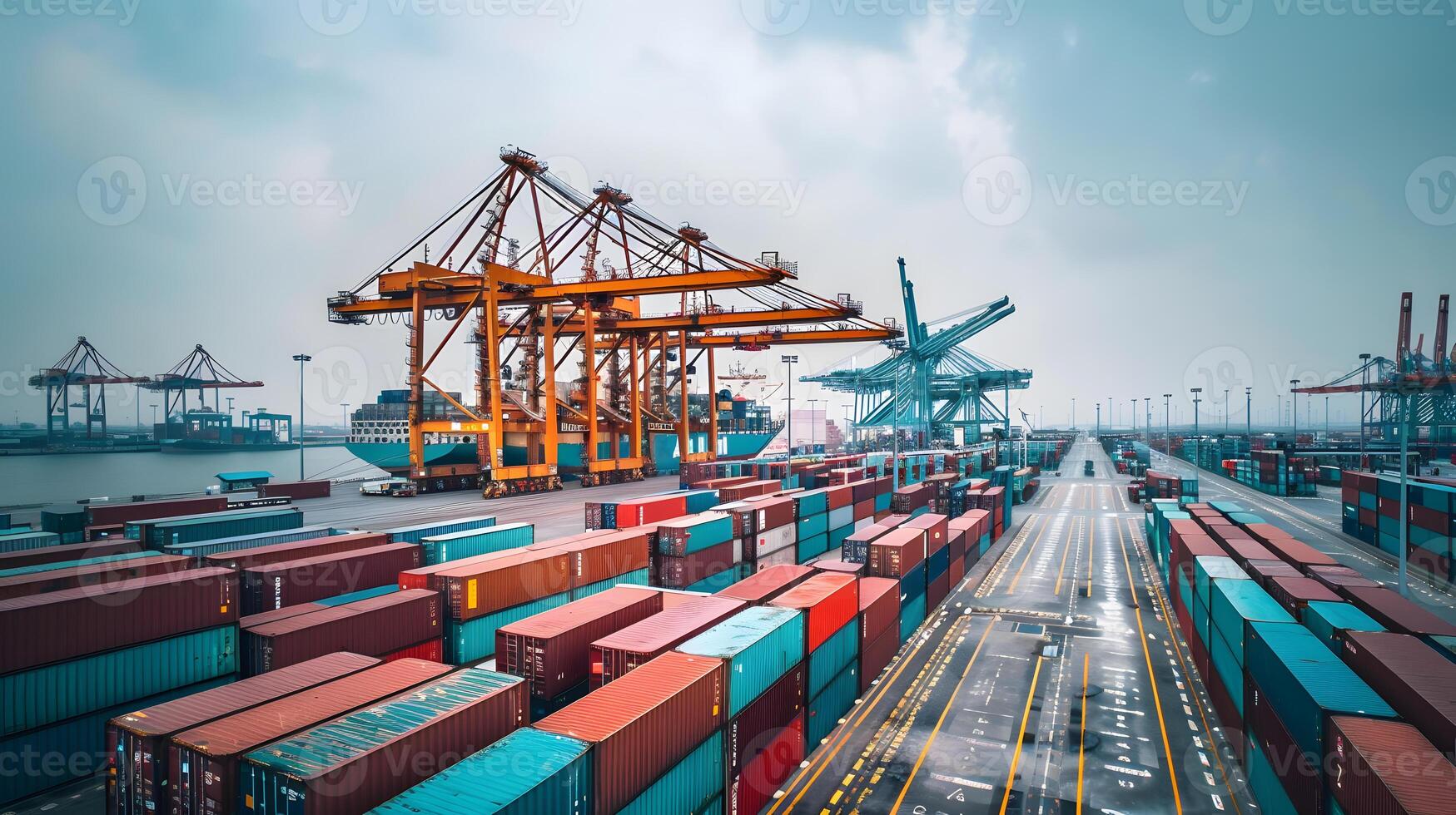 AI generated A ship for transporting cargo containers and also unloading it at the docks of a cargo port. AI Generated photo