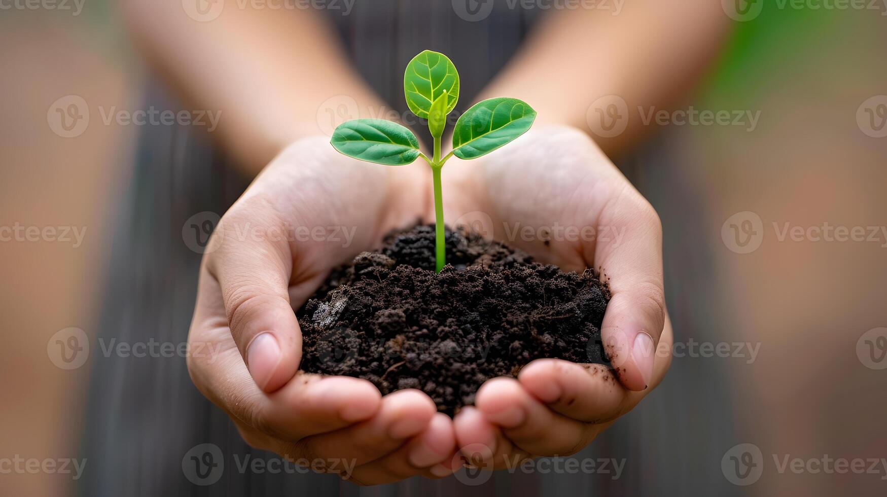 AI generated Human palms hold soil with a green small plant as a concept for business development. AI Generated photo