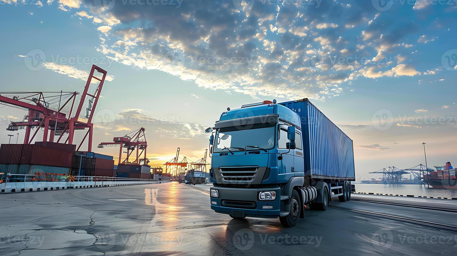 AI generated Truck trailer on the pier in the cargo port terminal with cranes and containers. AI Generated photo