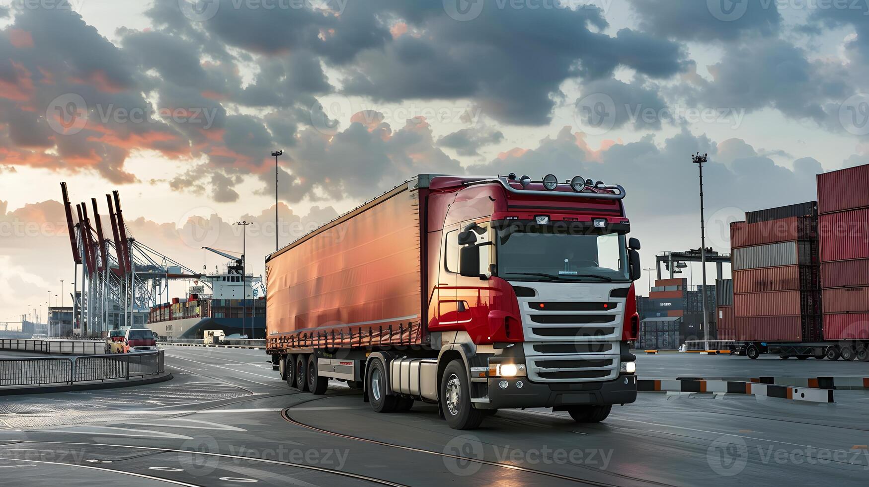 AI generated Truck trailer on the pier in the cargo port terminal with cranes and containers. AI Generated photo