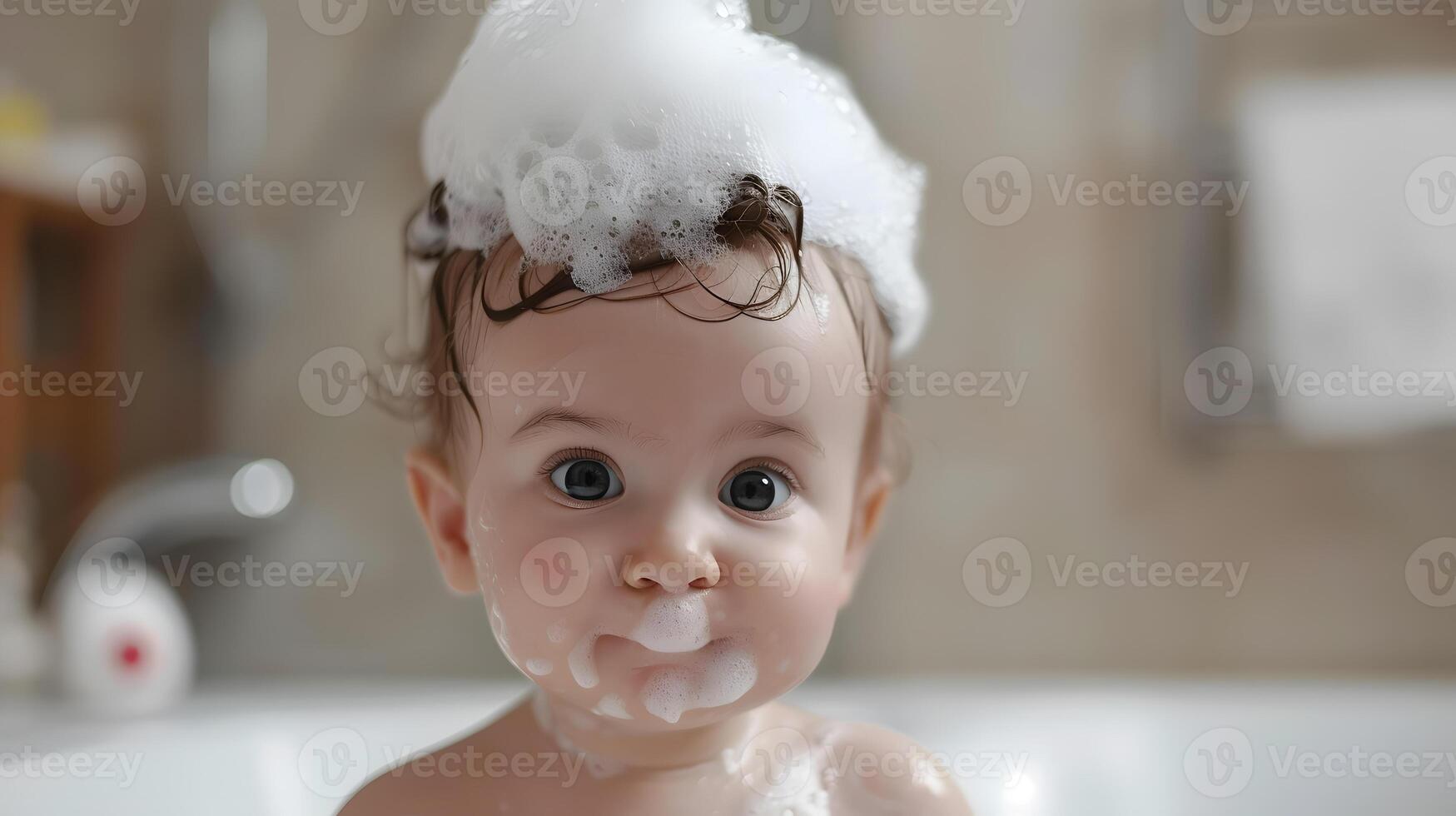 ai generado un linda pequeño niño con pequeño espuma en su cabeza. ai generado foto