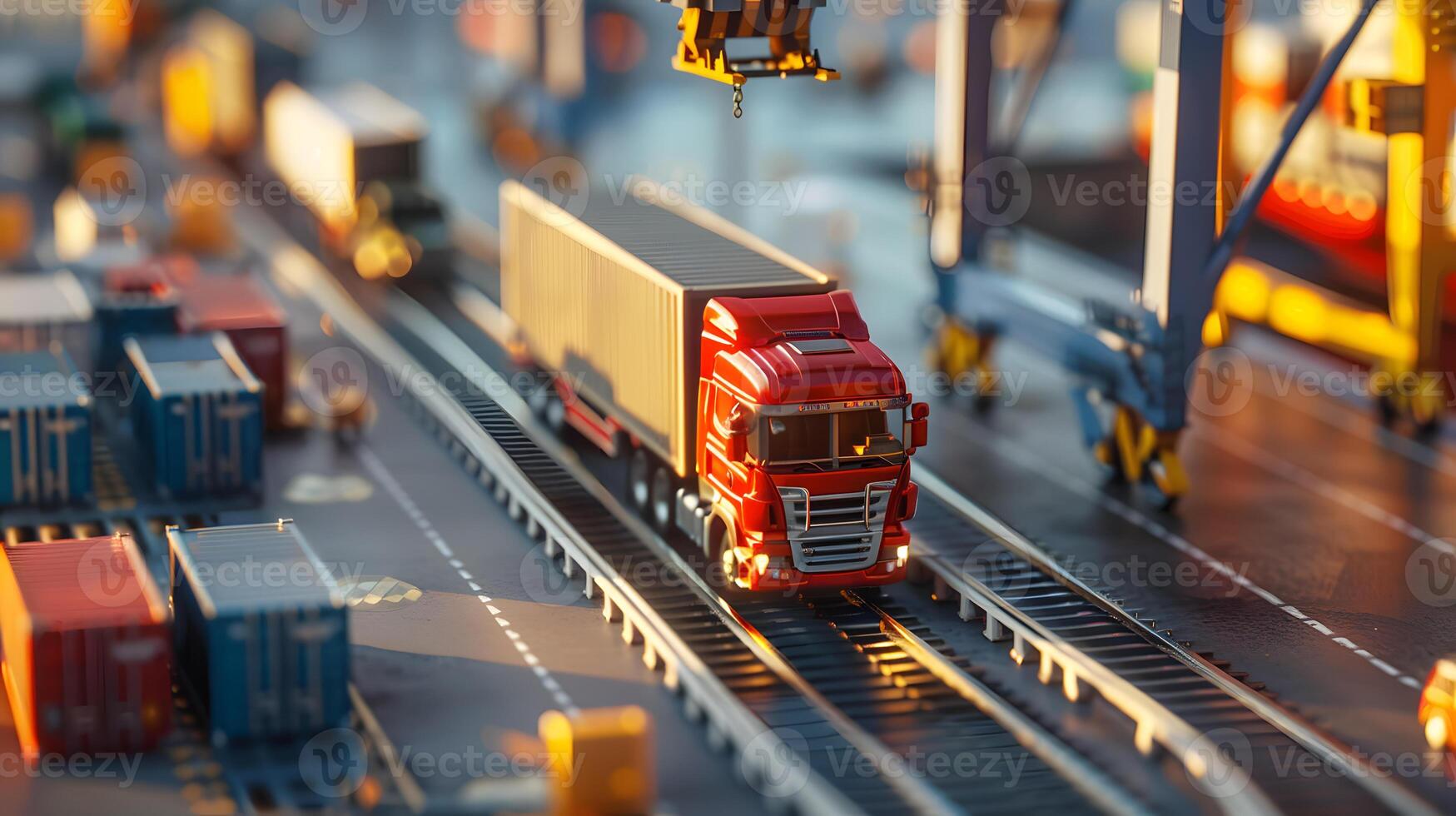 AI generated Truck trailer on the pier in the cargo port terminal with cranes and containers. AI Generated photo