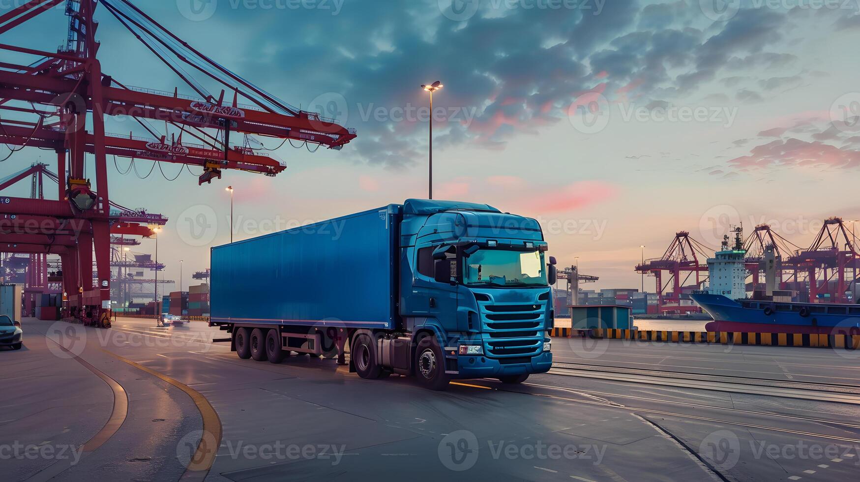 AI generated Truck trailer on the pier in the cargo port terminal with cranes and containers. AI Generated photo