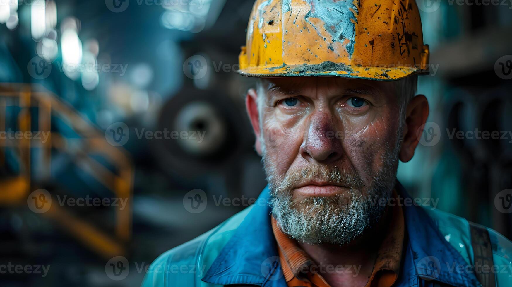 AI generated Portrait of a working man in a uniform and a hard hat. AI Generated photo