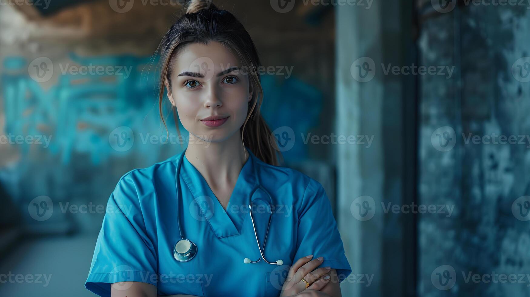 AI generated Portrait of a female medical worker with a stethoscope. AI Generated photo