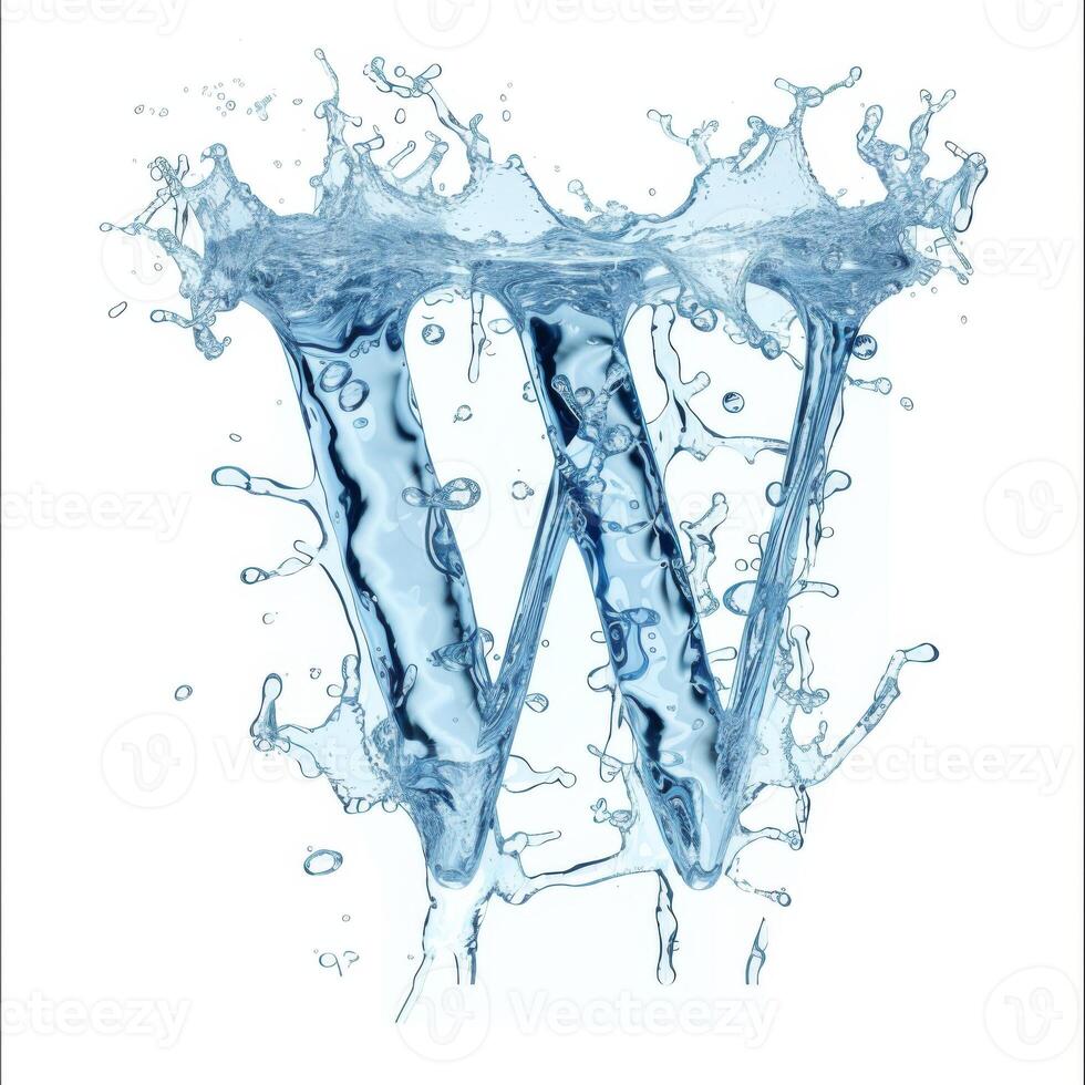 AI generated Letter W. Water splashes alphabet isolated on a white background. photo