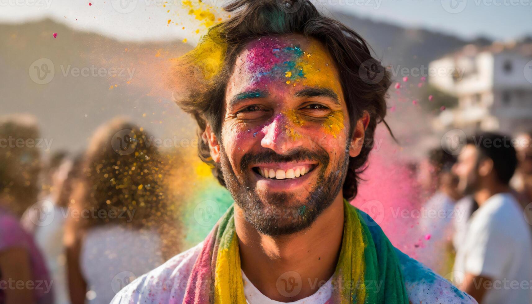 AI generated portrait of smiley man in holi powder Generated Image photo