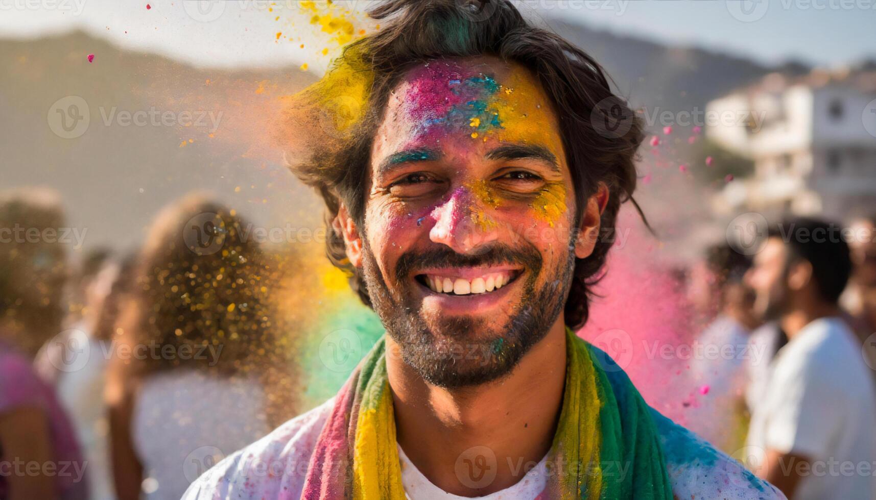 ai generado retrato de sonriente hombre en holi polvo generado imagen foto