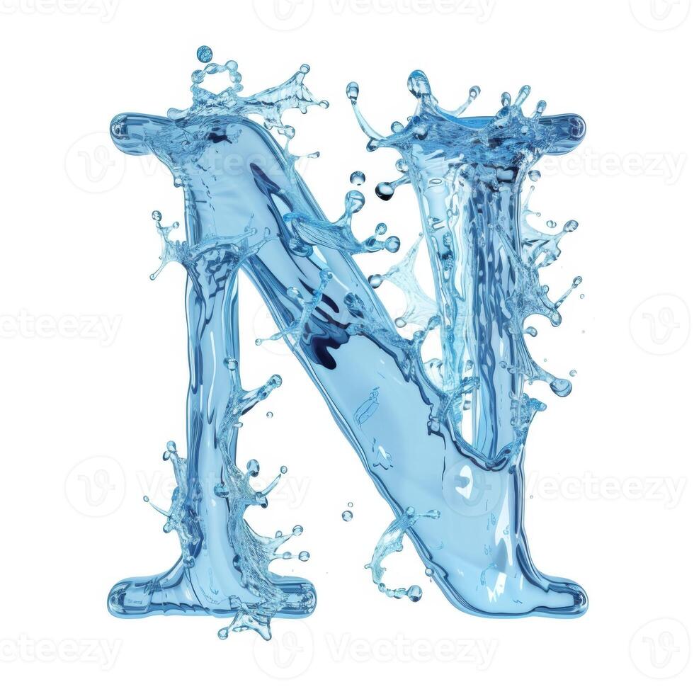 AI generated Latin letter N, texture of water, ice and splashes on white background. photo