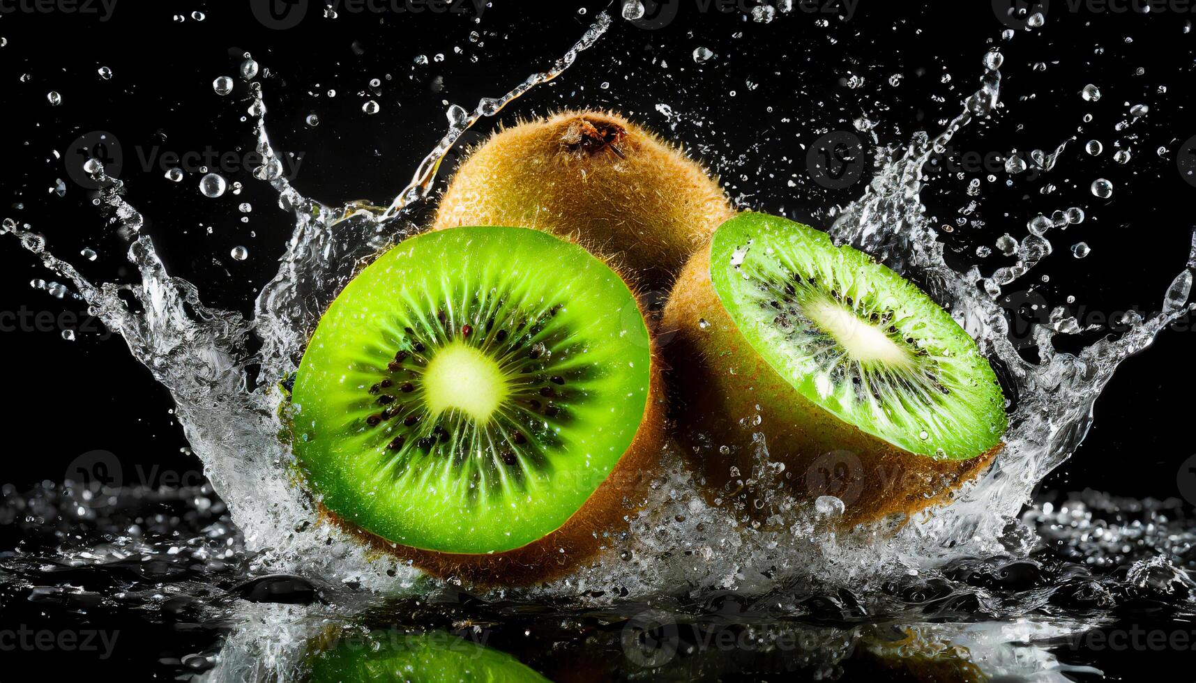 AI generated three kiwi in the water drops Generated Image photo