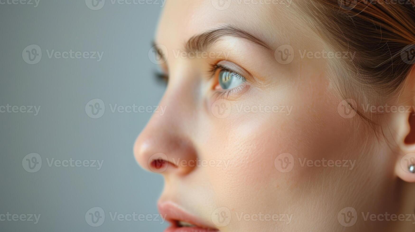 AI generated Portrait of a young beautiful woman with brown hair and green eyes looking away. photo