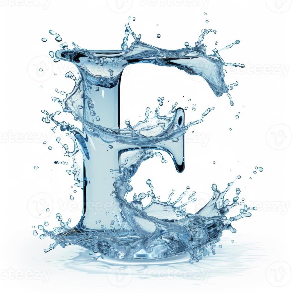 AI generated The letter E in a splash of water. Letter E water splash alphabet isolated on white. photo