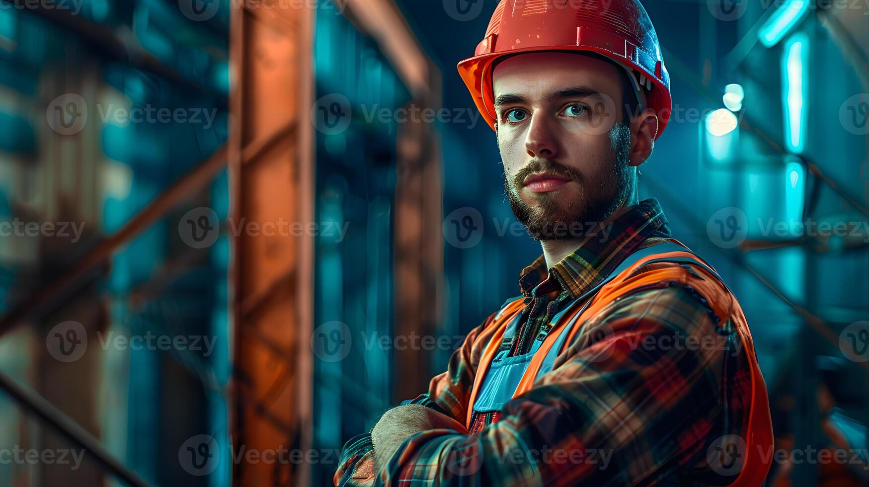 AI generated A man, a worker, a builder by profession, in a uniform and a helmet. AI Generated photo