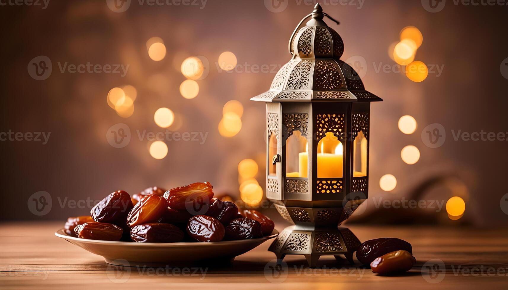 AI generated Ramadan lamp and dates still life photo