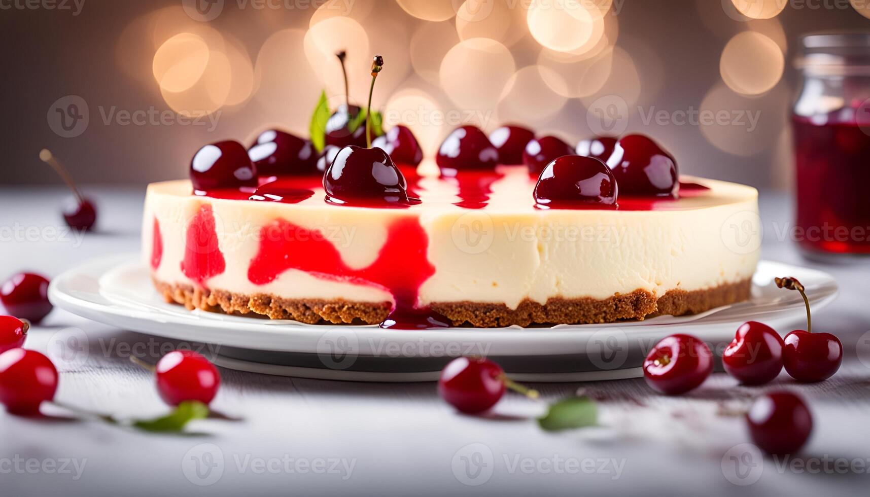 AI generated Cold cheesecake with cherry jelly. photo