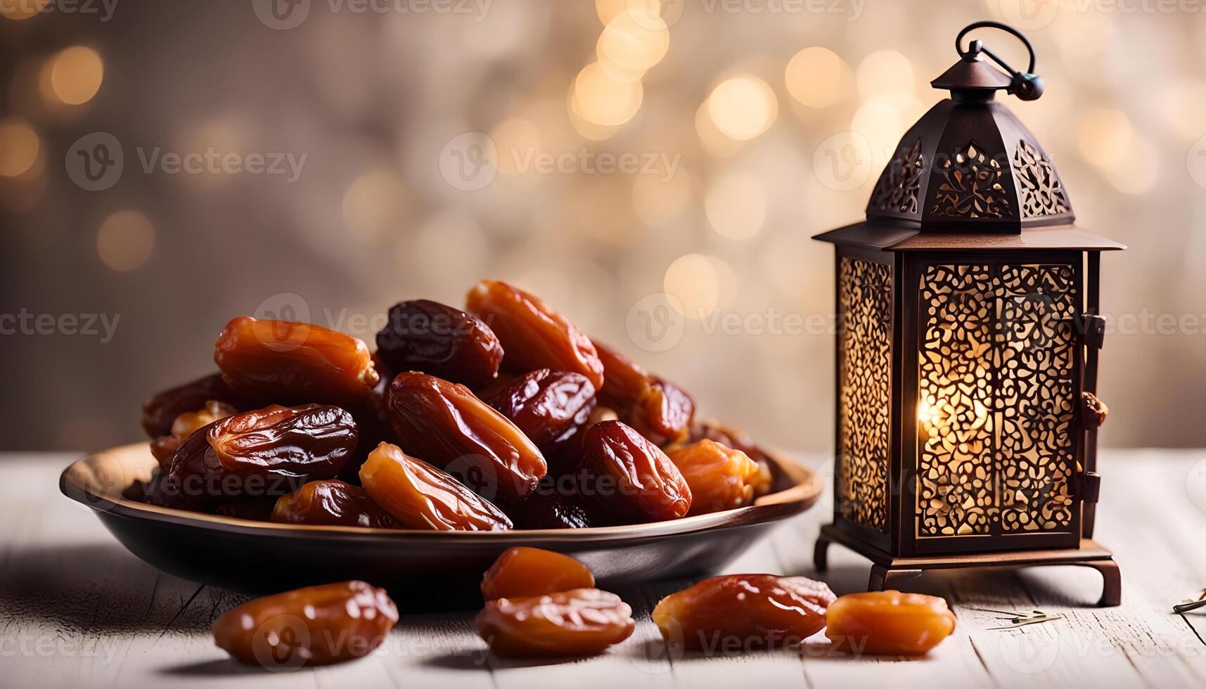 AI generated Ramadan lamp and dates still life photo